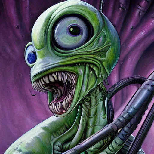 Prompt: detailed painting of mike wazowski that looks like a xenomorph, in the style of h r giger and wayne barlowe