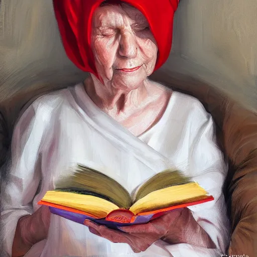 Prompt: a babushka reading a book, portrait, by wlop
