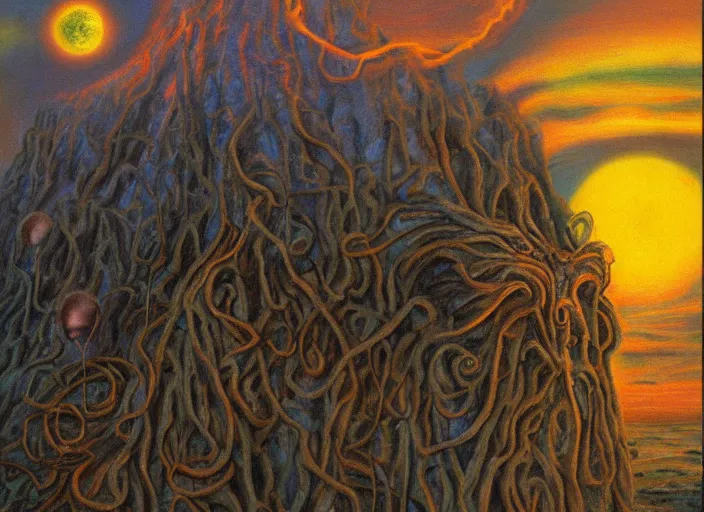 Image similar to surrealist impressionist painting of eldritch garfield at dusk, in the style of michael whelan and james gurney and wayne barlowe
