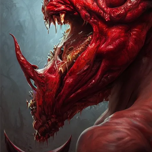 Image similar to Dark Fantasy Painting of a muscular red beast face with saliva and drool dripping from its mouth, creepy, unsettling, horror, upper body, intricate, wild, highly detailed, digital painting, artstation, concept art, smooth, sharp focus, illustration, art by artgerm and greg rutkowski and alphonse mucha