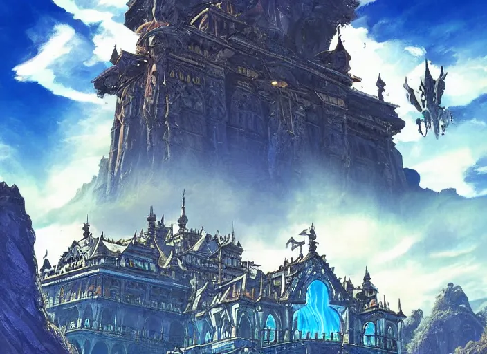 Image similar to Imposing sapphire gothic palace ascending out of the tempestuous sea, beautiful architecture, dramatic lighting, epic composition, wide angle, close up, by Miyazaki, Nausicaa Ghibli, Breath of The Wild