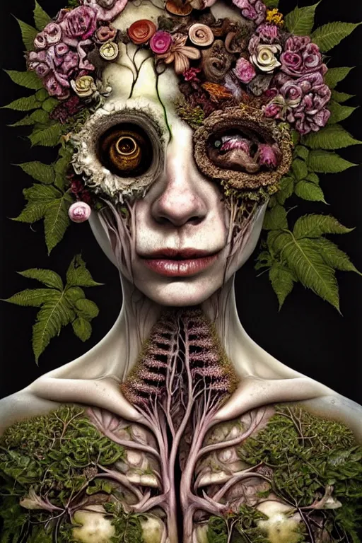 Image similar to beautiful and detailed rotten woman corpse with fractal plants and fractal flowers and mushrooms growing around, face muscles, veins, arteries, intricate, ornate, surreal, ray caesar, john constable, guy denning, dan hillier