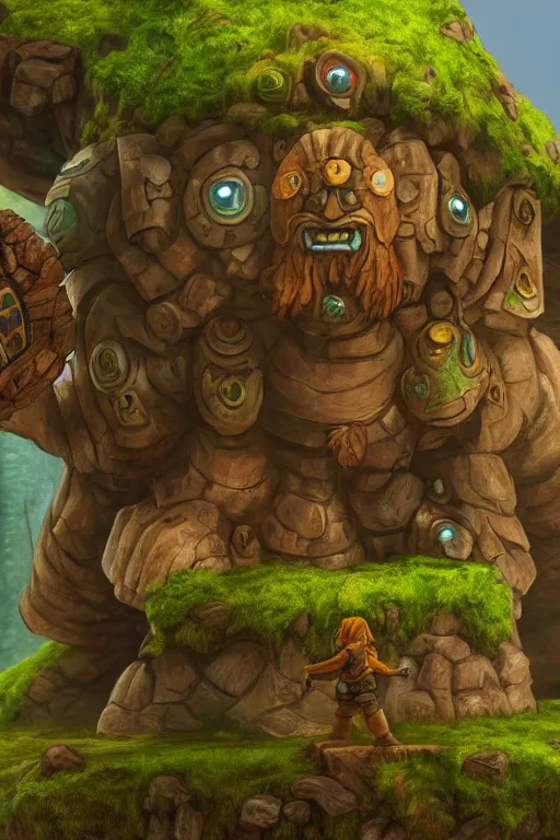 Image similar to zelda fantasy art giant golem troll wood rock greeble gemstone, global illumination ray tracing hdr fanart arstation by sung choi and eric pfeiffer and gabriel garza and casper konefal