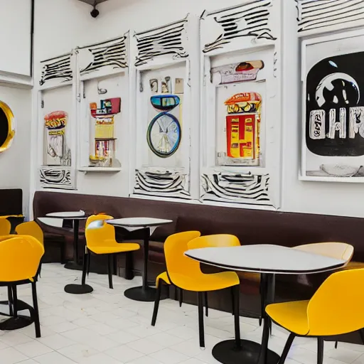 Prompt: photo of a white cafe interior with arcade machines, and retro art on the white walls