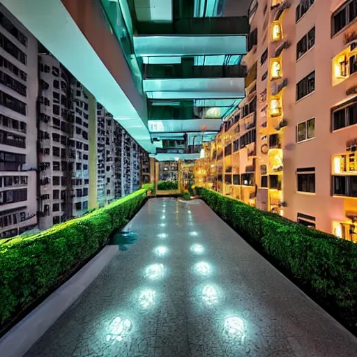 Prompt: hong kong apartment complex courtyard at night, photography