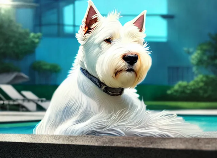 Image similar to closeup portrait of a west highland white terrier sitting by a pool, bright, reflections, intricate, sharp focus, lens flare, bloom, illustration, highly detailed, digital painting, concept art, matte, art by ruan jia and wlop and greg rutkowski, masterpiece