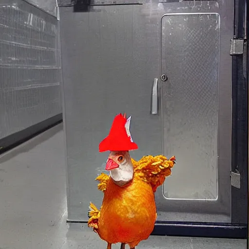 Image similar to chicken dressed as an inmate