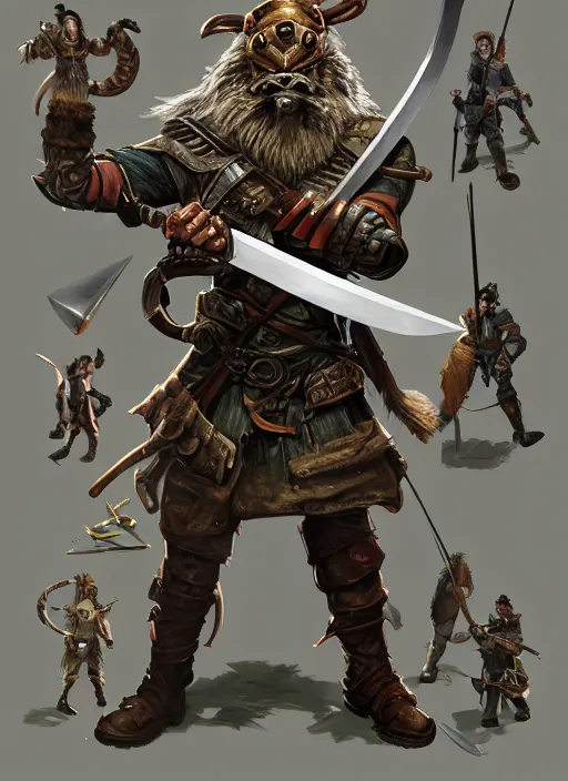 Image similar to strong young man, photorealistic bugbear ranger holding sword, fire magic, black beard, dungeons and dragons, pathfinder, roleplaying game art, hunters gear, jeweled ornate leather and steel armour, concept art, character design on white background, by norman rockwell, makoto shinkai, kim jung giu, artstation trending, poster art, colours red and green