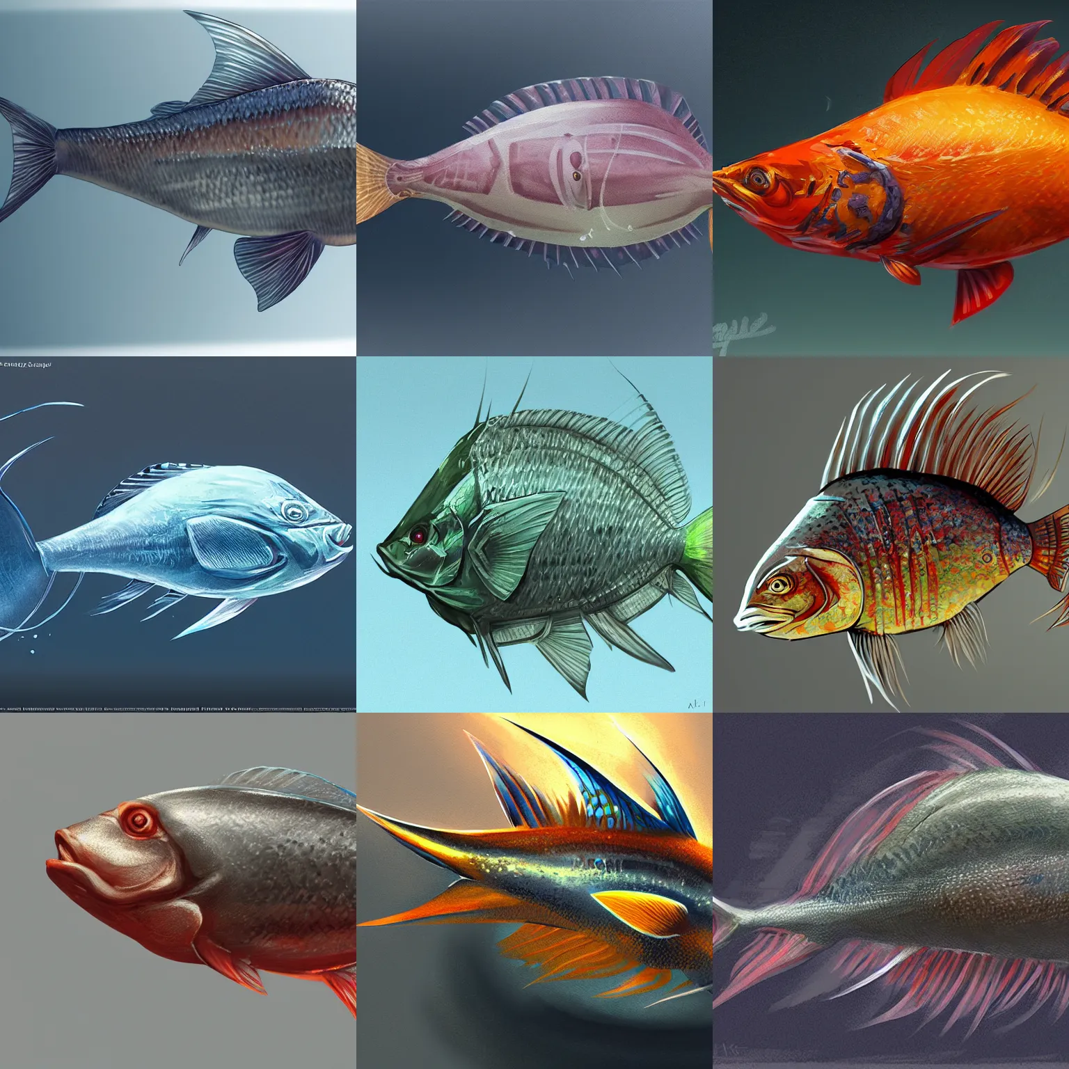 Prompt: concept art of a fish by sergey klyuchnikov, artstation