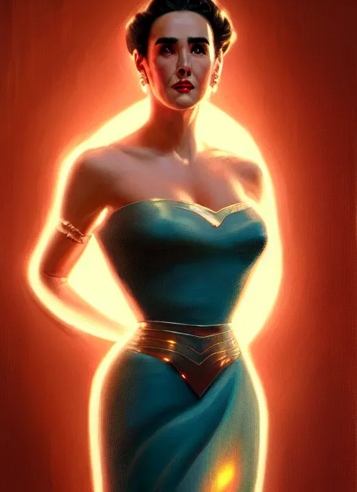 Image similar to portrait of 1 9 5 0 s darna, jennifer connelly, intricate, elegant, glowing lights, highly detailed, digital painting, artstation, glamor pose, concept art, smooth, sharp focus, illustration, art by wlop, mars ravelo and greg rutkowski