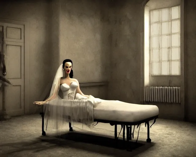 Image similar to phtorealistic modern pin up of monica bellucci as the bride of frankenstein posing in a bed in the room of a sanatarium, full body, campy color scheme, realistic, center, smooth, detailed, 8 k, artstation, octane render, ambient lighting, serge birault