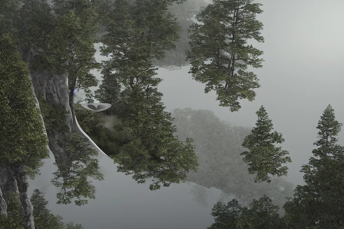 Image similar to A beautiful matte drawing of a ellipse-shaped building with rounded windows, standing on a large cliff near a coniferous forest. A thin stone bridge goes over the cliff. View from afar, fog, 8k, 16k, architectue, Alvaro Siza, herzog de meuron, architecture photo, high details, futuristic