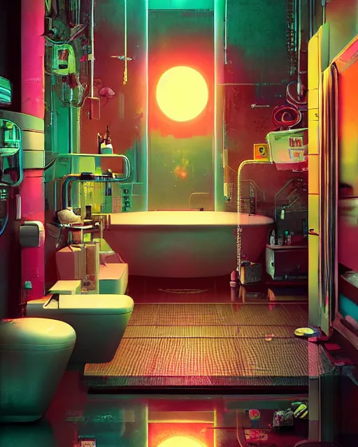 Image similar to IKEA catalogue photo of a cyberpunk bathroom, by Paul Lehr