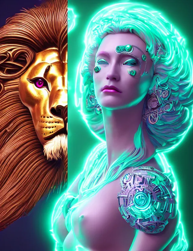 Prompt: 3 d goddess medium shot portrait with hyperdimensional totem implants. beautiful intricately detailed avante garde lion mask and retrowave sorceress outfit. neon, bio luminescent,, artwork by tooth wu and wlop and android jones and beetle and greg rutkowski