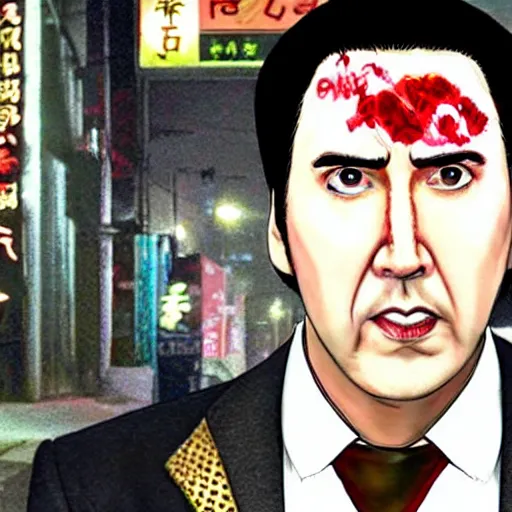 Image similar to nicolas cage as goro majima from yakuza game series on the streets on night tokyo, highly detailed