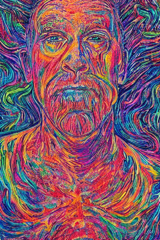 Image similar to a highly textured hyper detailed painting of a mystical man connected to his higher self in a spiritual psychedelic cosmos