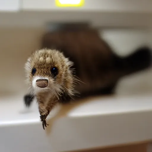 Prompt: small sabertooth, photo taken in kitchen