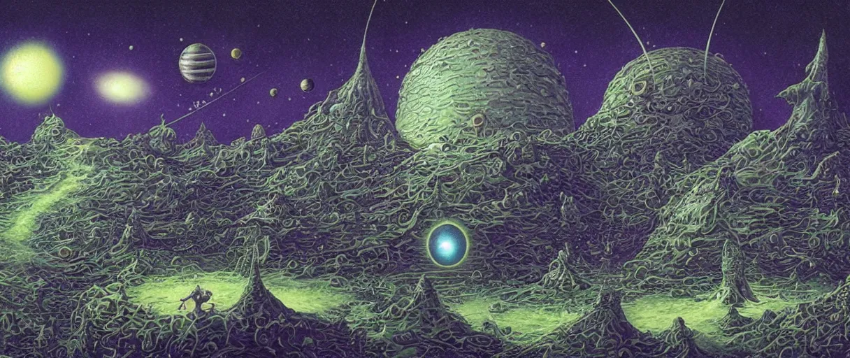 Prompt: a utopian city resting on the tongue of yog-soggoth as he slumbers curled around a BlackHole in outer space by Tim White|Daniel Merriam:.3