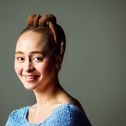 Image similar to a vivid color portrait of a smiling female with two buns hairstyle, light skin and big blue eyes, soft cinematic lighting, shallow depth of field, photograph by annie leibovitz, 4k