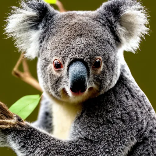 Image similar to award winning nature photograph of a koala. it has a friendly smile. it has whiskers and claws. extreme detail, beard hyperrealistic photo, smooth, trending on artstation