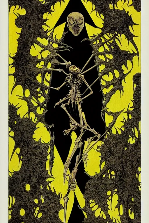 Image similar to black and yellow flat color, mucha, richard corben, wayne barlowe, moebius, heavy metal comic cover art, psychedelic triangular skeletal calcification fungus lich in darkiron spike armor, full body, hollow eyes, symmetrical face, long black crown, in a dungeon background, moody dark colors