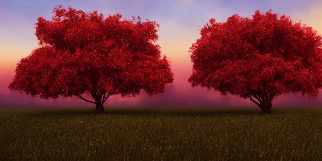 Prompt: a single big red tree in the middle of a battlefield near a bunch of red flowers at sunrise, hyperrealistic, concept art, octane render, unreal engine 5, trending on Artstation, high quality, 8K, dramatic lighting, cinematic, high coherence, highly detailed, Midjourney style, epic scene, path traced, low contrast, complementary colors