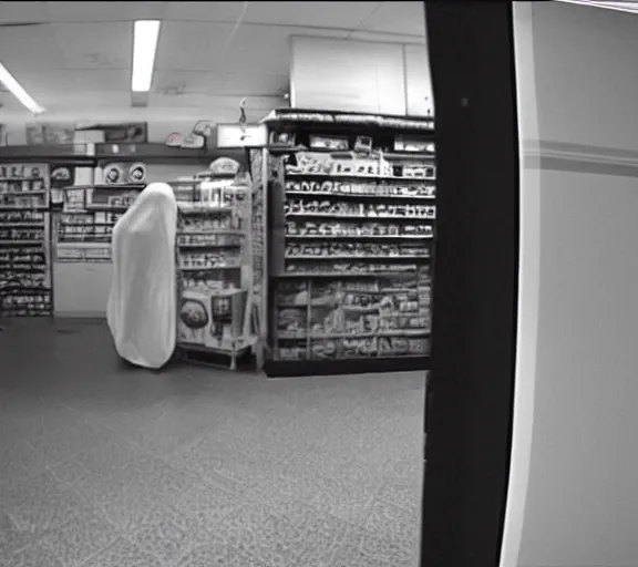 Image similar to security camera footage of bedsheet ghosts haunting a convenient store