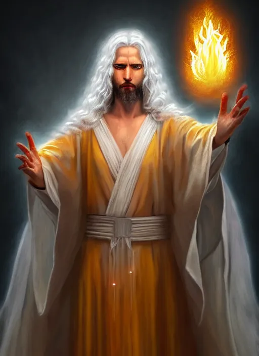 Image similar to « portrait of the white - haired jesus in a white robe and flaming yellow eyes, holding seven stars in right hand, grim colors, very realistic, high - contrast, intricate, elegant, highly detailed, digital painting, artstation, concept art, smooth, sharp focus, illustration »