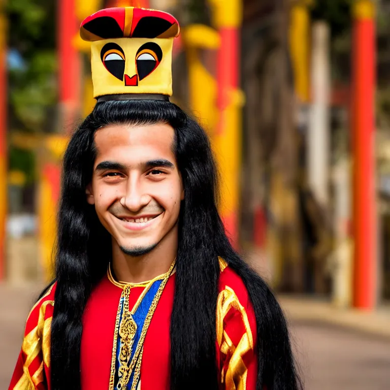 Prompt: A photo of Emperor Kuzco!!!!!!!!!!!!!!!! in his 13s, peruvian young! looking, with his long black hair, beardless, smiling with confidence, and wearing!!! his emperor clothes. Portrait by Terry Richardson. Golden hour. 8K. UHD. Bokeh.