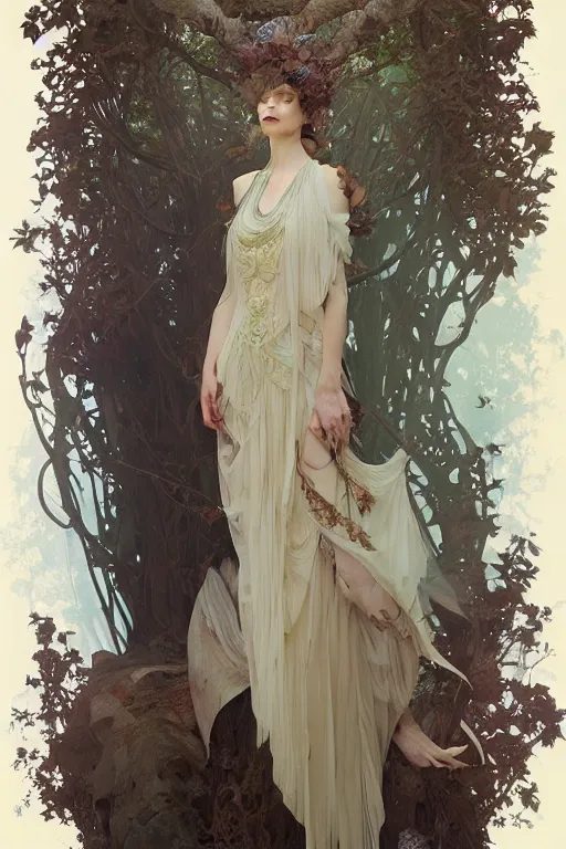 Image similar to a full body portrait of a beautiful forest queen akimbo, intricate, elegant, highly detailed, digital painting, artstation, concept art, smooth, sharp focus, illustration, art by krenz cushart and artem demura and alphonse mucha