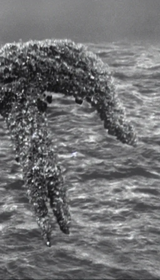 Image similar to a film still of an urban north korean monster movie, kaiju - eiga monster starfish, film noir, video compression, ripple effect