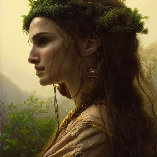 Image similar to portrait of natalie portman as a Druid, painting by ludwig deutsch and rudolf ernst, lost civilizations, long dark hair, beautiful, mystical, dramatic cinematic lighting, sharp focus, smooth, sharp focus, extremely detailed,