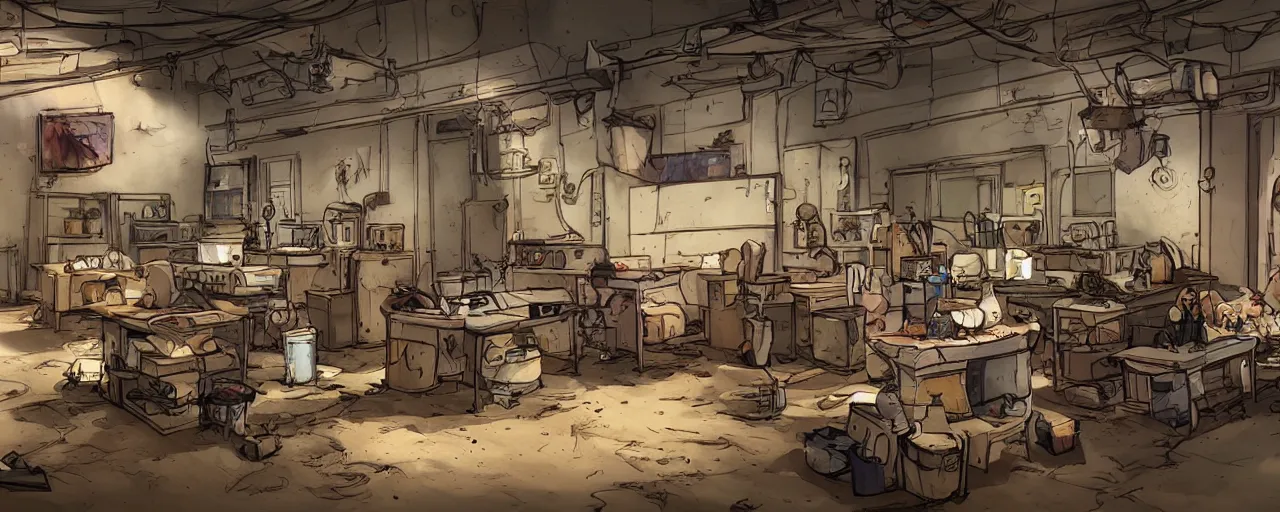 Prompt: wide angle of a cat field clinic, concept art out of the game borderlands, highly detailed