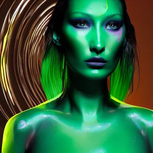 Image similar to bella hadid as a green alien, hyperrealistic, 4k, makeup, symmetrical face