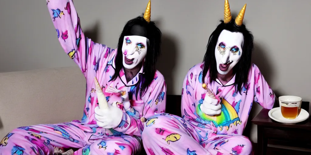 Image similar to photo of marilyn manson in a unicorn pajamas, drinking chamomile tea, 8 k, highly detailed