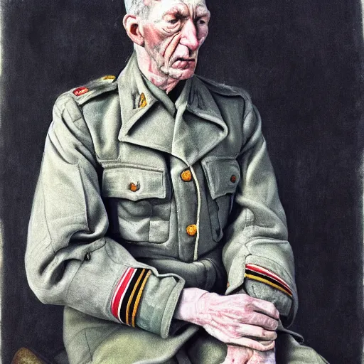 Prompt: high quality high detail painting by lucian freud, hd, exaggerated portrait of a soldier, photorealistic lighting