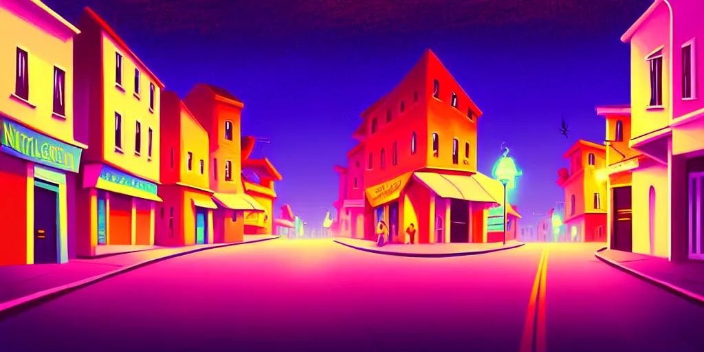 Prompt: curved perspective digital art of a summer night small town street pastel colors from nightmare before christmas by alena aenami