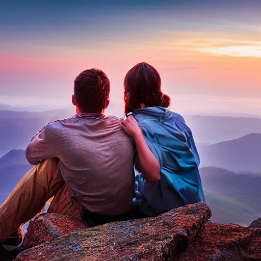 Image similar to a happy couple sitting on a mountain watching the sun rise, photograph, realistic, hdr