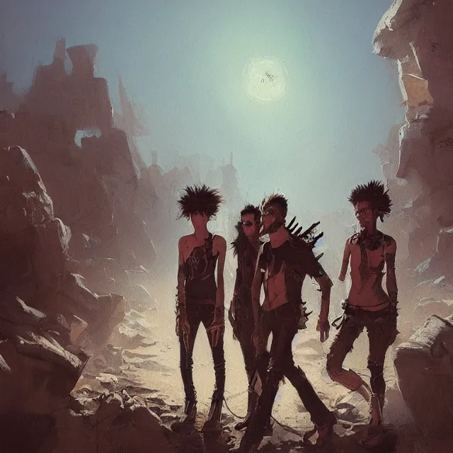 Prompt: a painting of a punk band in the desert by greg rutkowski, dark fantasy art, high detail, trending on artstation