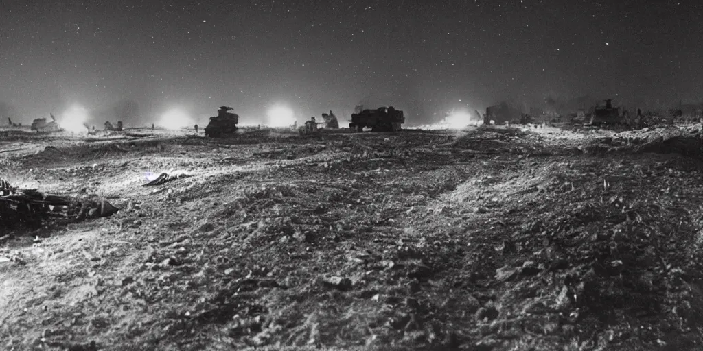 Prompt: a calm WW2 battlefield at night, Eastern Front, stars, wintertime, trenches, wrecked tanks