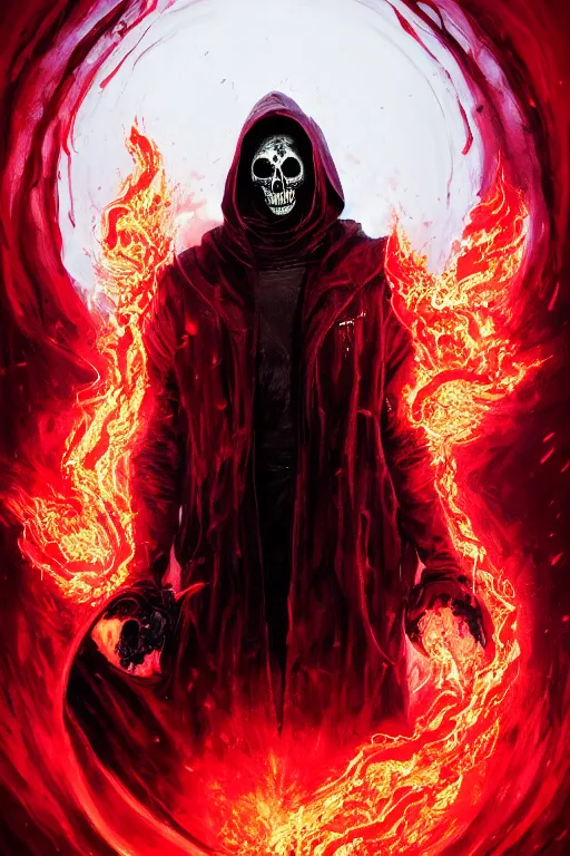 Image similar to A full body portrait of a mysterious character with a flaming skull with a very long hooded blood red and black cloak, tentacles coming out the ground art by Maciej Kuciara, and Cedric Peyravernay, ominous, cosmic horror, trending on artstation, Ultra detailed, hyper realistic 4k