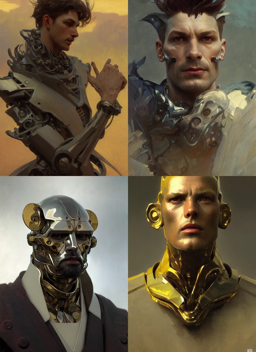 Prompt: Concept Art Portrait Handsome Man snarling seductively, Mecha with a smooth silver humanoid cyborg face headsculpt, Highly detailed by greg rutkowski, Ilya repin, alphonse mucha, and Edmund Blair Leighton. Very highly detailed 8K, octane, Digital painting, the golden ratio, rational painting, sharp