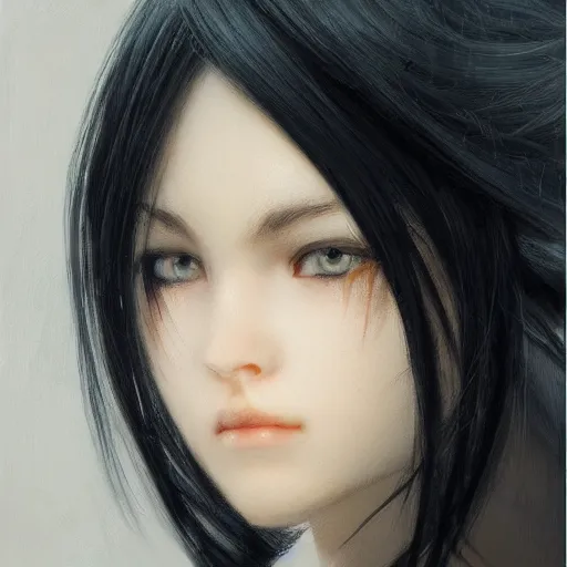 Prompt: a cute girl by ruan jia, closeup headshot, black horsetail hair, black eyes