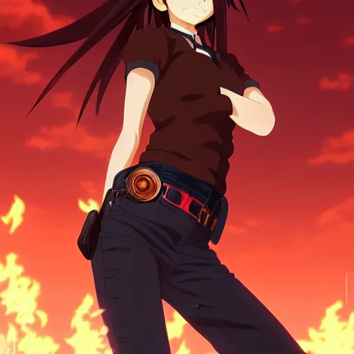 Image similar to makoto shinkai, artgerm, ilya kuvshinov, steampunk beautiful anime woman, red shirt brown pants, black and red hair hair, symmetrical face, symmetrical eyes, second anime woman with orange hair and black pants, action scene, shooting fire war, detailed, summer setting, cinematic lighting