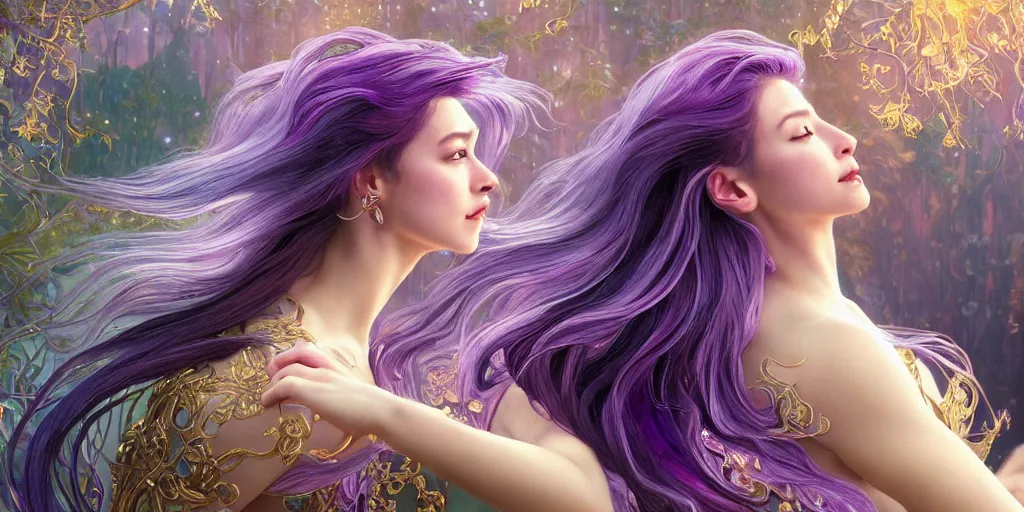 Image similar to wide angle, opalescent purple panther, metallic silver and ice color reflected crystal hair, leaping from babaob tree, fantasy, intricate, very beautiful, elegant, golden light, highly detailed, digital painting, artstation, concept art, smooth, sharp focus, unreal engine, art by wlop and tian zi and alphonse mucha