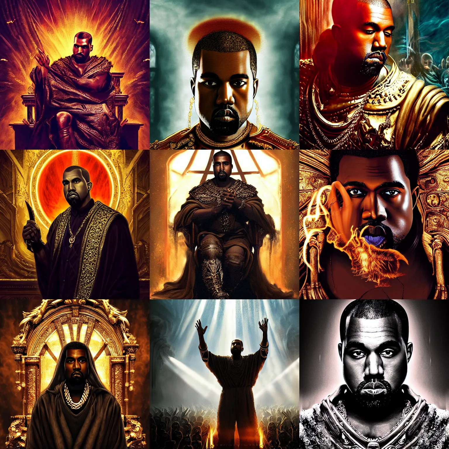 Prompt: Portrait of Kanye West as the god-emperor of mankind, amazing splashscreen artwork, splash art, natural light, elegant, intricate, fantasy, atmospheric lighting, cinematic, matte painting