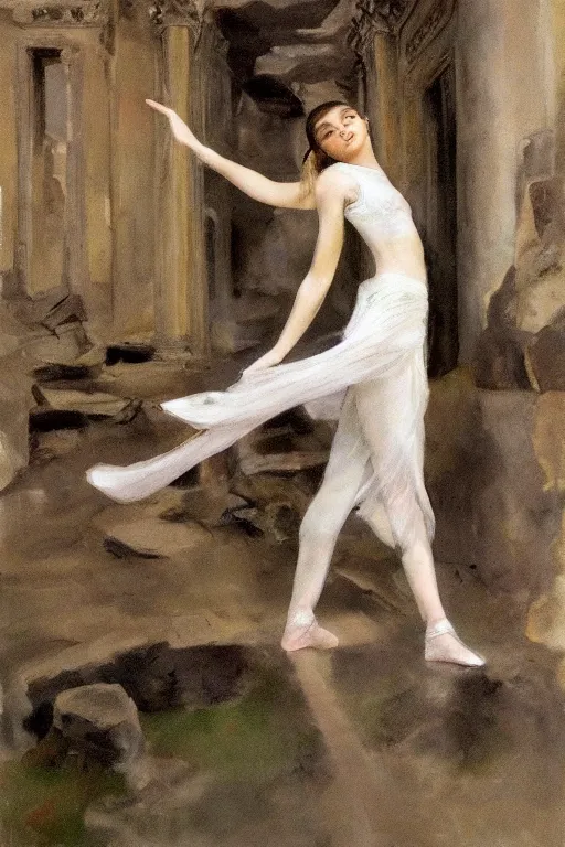 Image similar to ethereal girl dancing amidst ancient ruins in the style of john singer sargent