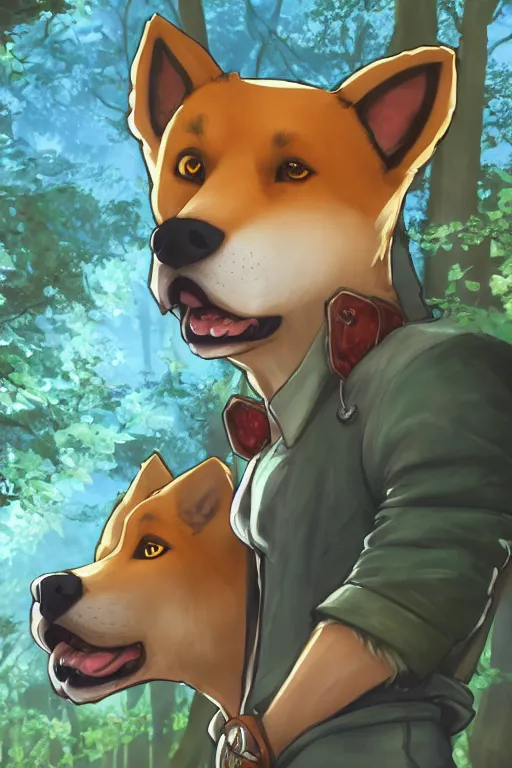 Image similar to stylized close up character portrait icon of the anthro anthropomorphic jindo dog trader head animal person fursona wearing clothes standing in the bright forest, hidari, color page, tankoban, 4 k, tone mapping, akihiko yoshida