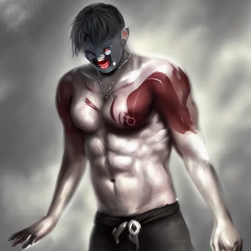 Image similar to fit male demon with white horns, young, careless, full body, still, photograph, digital painting, trending on artstation, masterpiece, in the style of JB Casacop