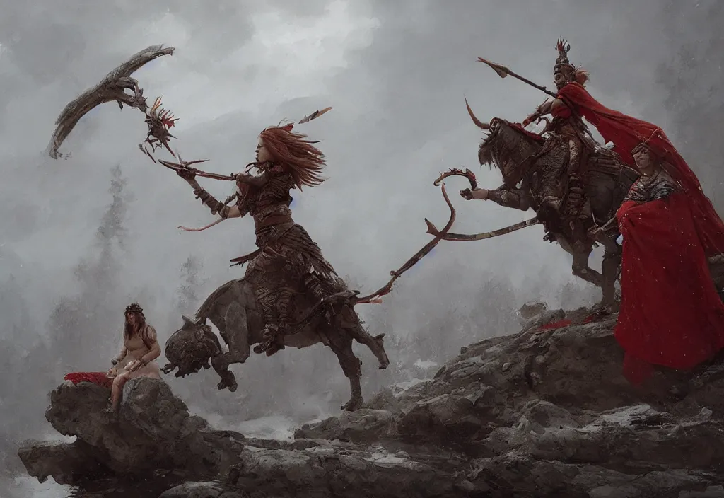 Image similar to scandinavian godess freyja kills musya, epic, dramatic, fantast, artstation, jakub rozalski, high detail